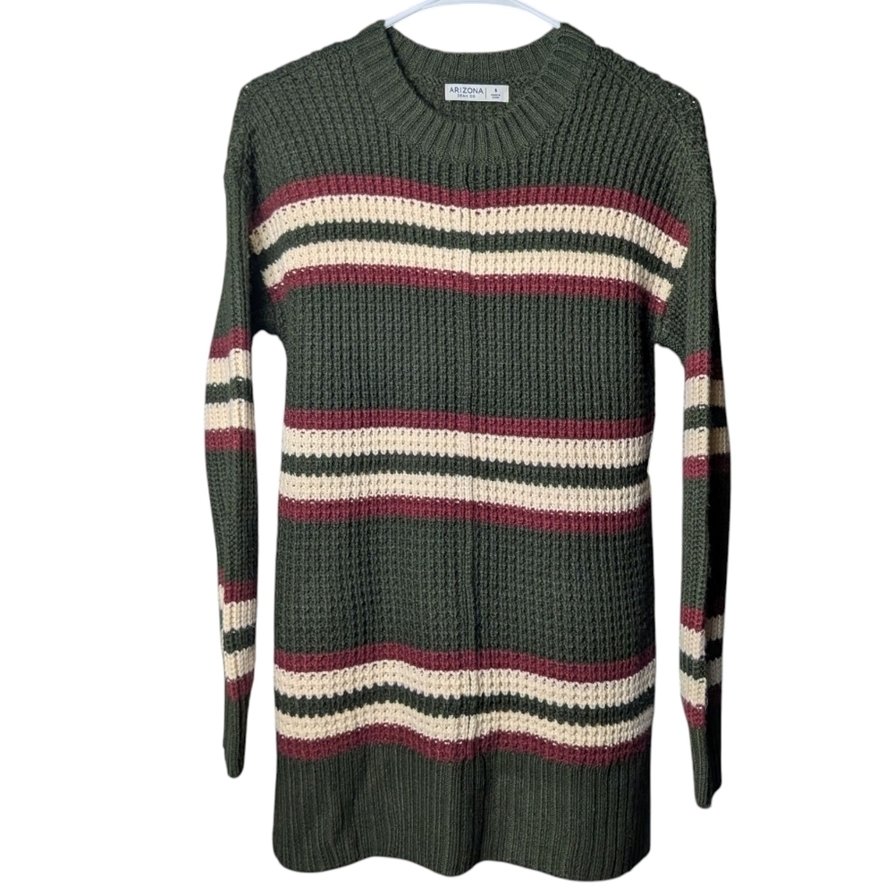 New Arizona Jean Co Olive Green Cream Maroon Red Striped Sweater Holiday Crew